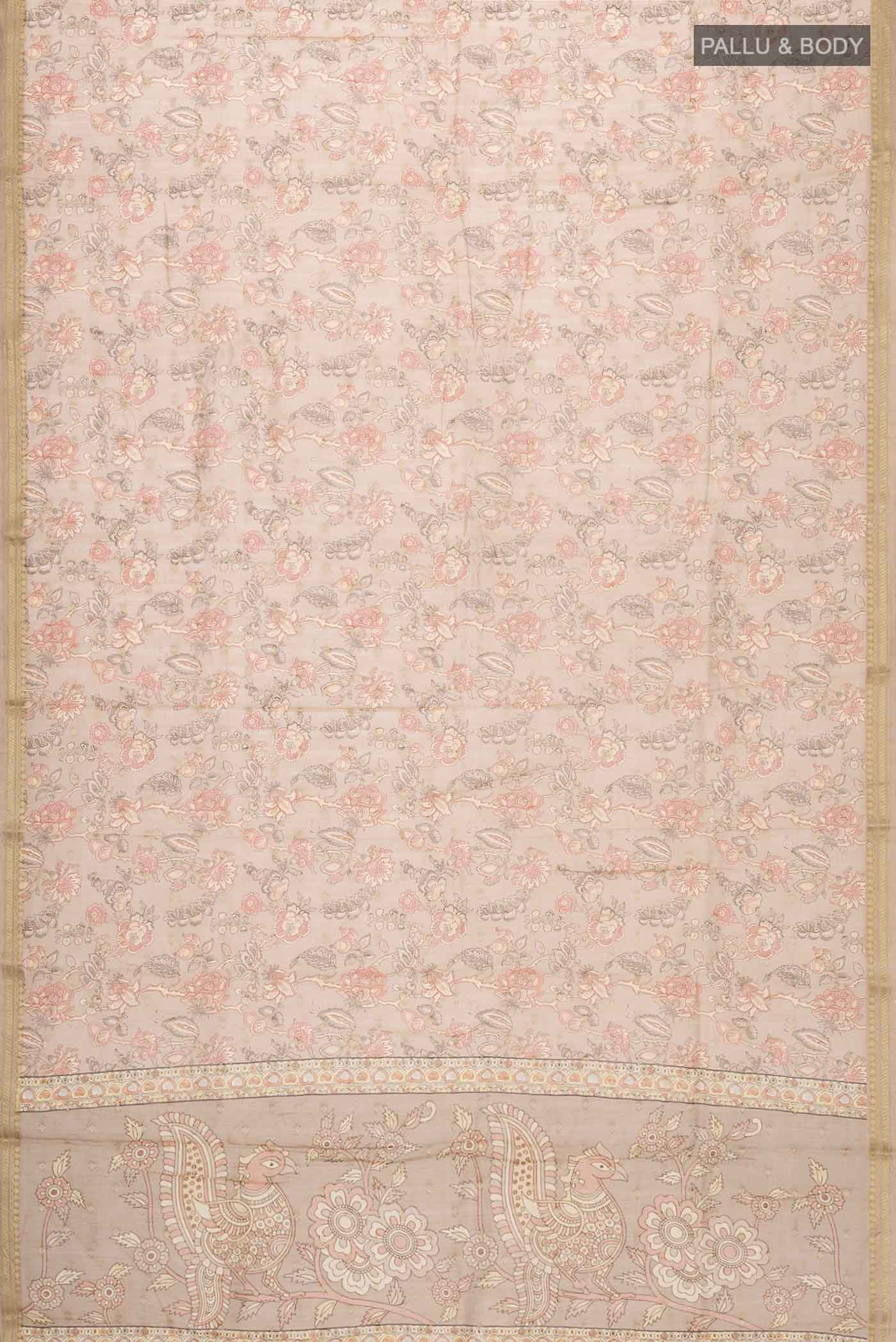 Flat view of Brown Silk Cotton Saree with Printed design on the body and Zari Border
