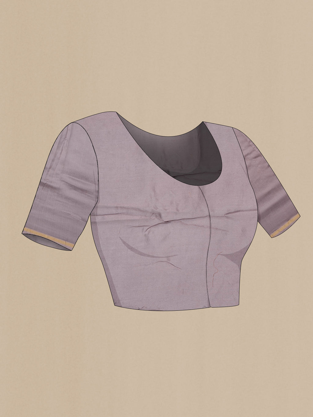 Close up image of the blouse of Lilac Chanderi Cotton Saree with Printed design on the body and Zari Border. 