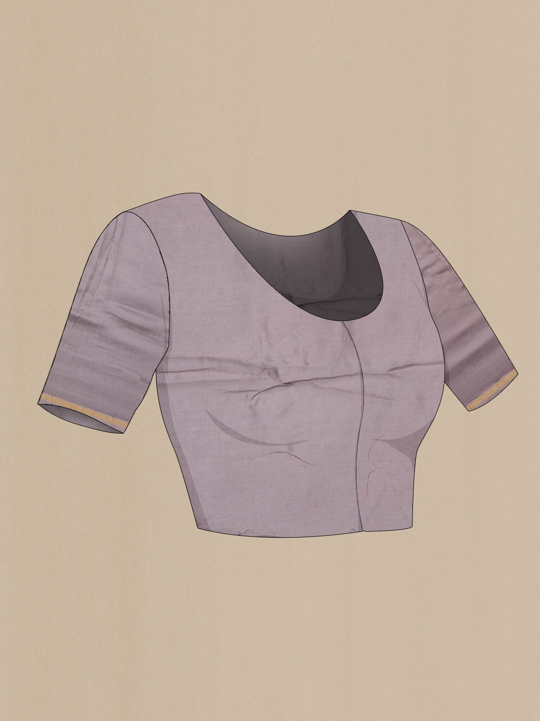 Close up image of the blouse of Lilac Chanderi Cotton Saree with Printed design on the body and Zari Border. 