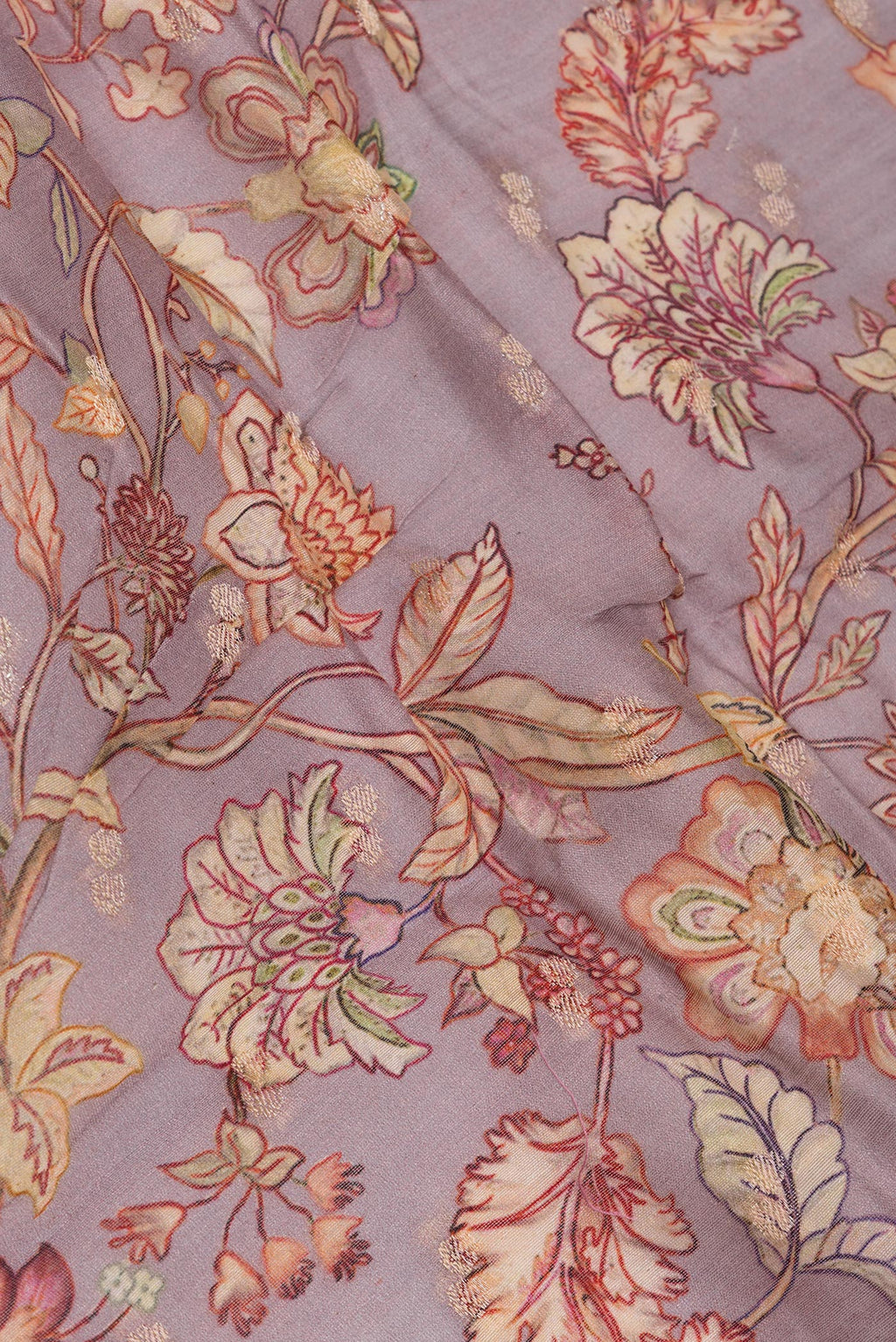 Close up of Lilac Chanderi Cotton Saree with Printed design on the body and Zari Border.  displaying folds