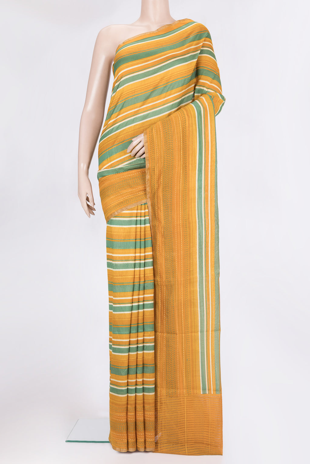 Pure Silk Mustard Dual Tone Chanderi Saree with Printed design on the body and Embroidery Border.  displayed on a mannequin