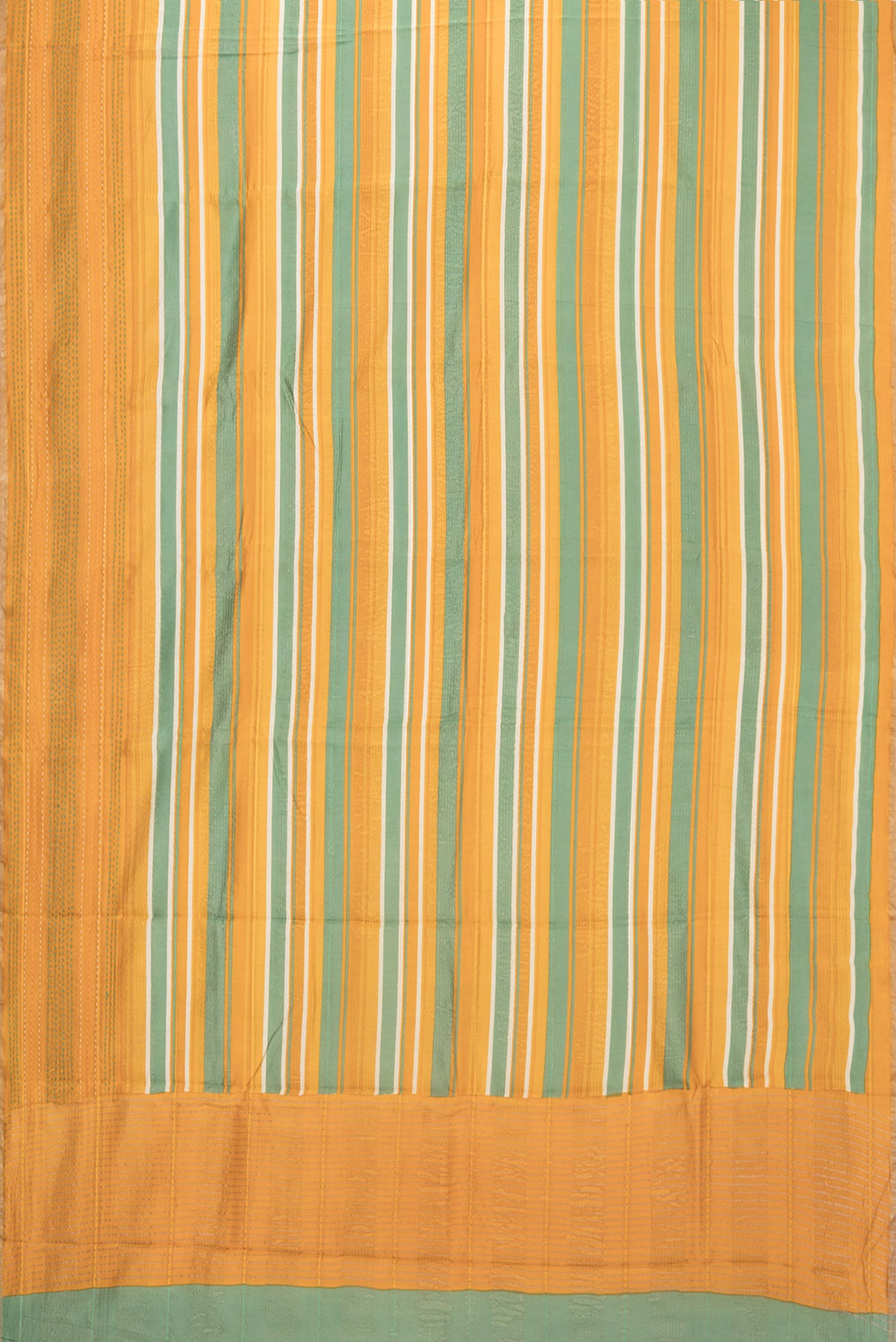 Flat view of Pure Silk Mustard Dual Tone Chanderi Saree with Printed design on the body and Embroidery Border. 
