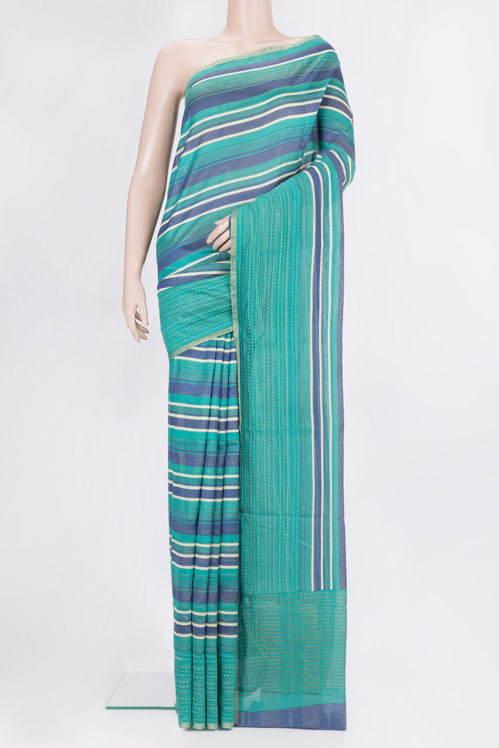 Pure Silk Multi Color Chanderi Saree with Printed design on the body and Embroidery Border.  displayed on a mannequin