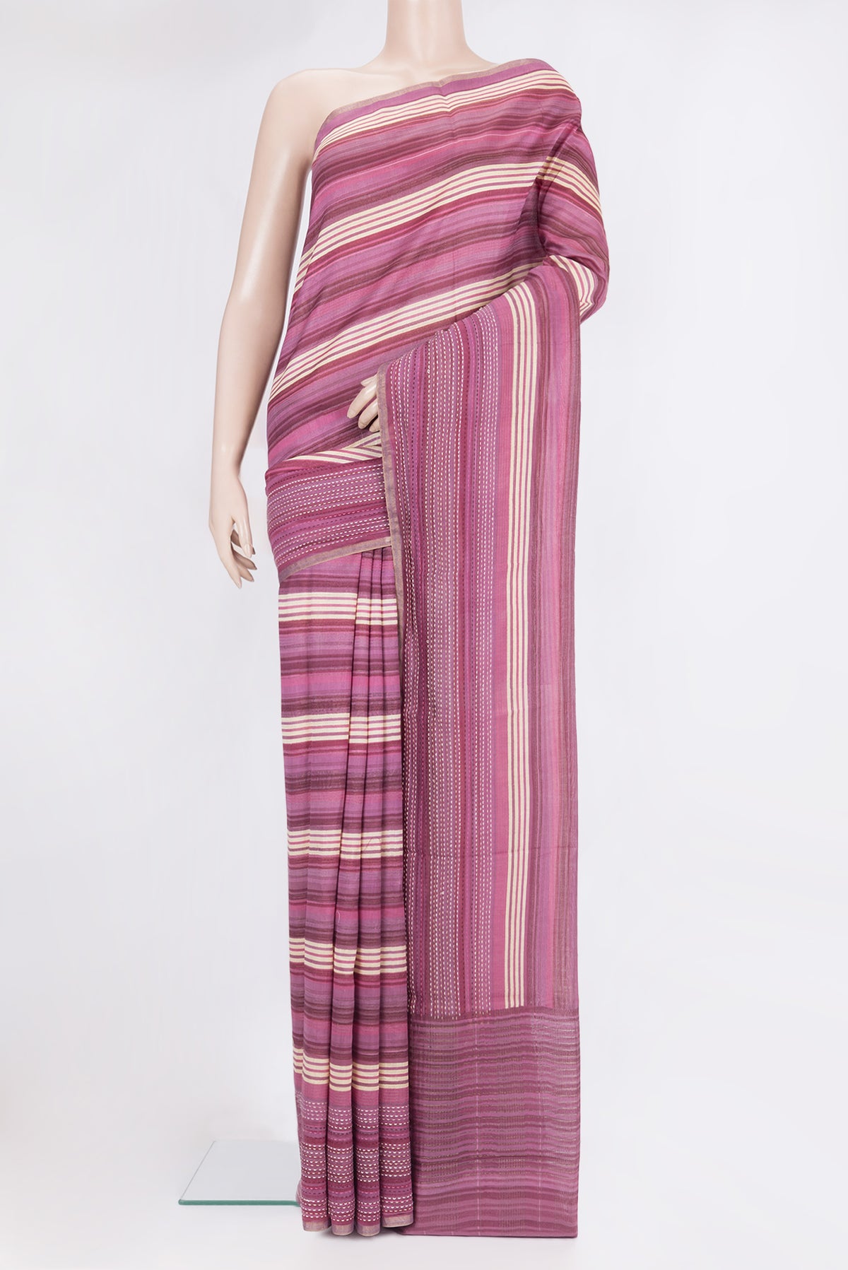 Pure Silk Pink Dual Tone Chanderi Saree with Printed design on the body and Embroidery Border.  displayed on a mannequin