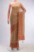 Beige Silk Cotton Saree with Printed design on the body and Embroidery Border displayed on a mannequin