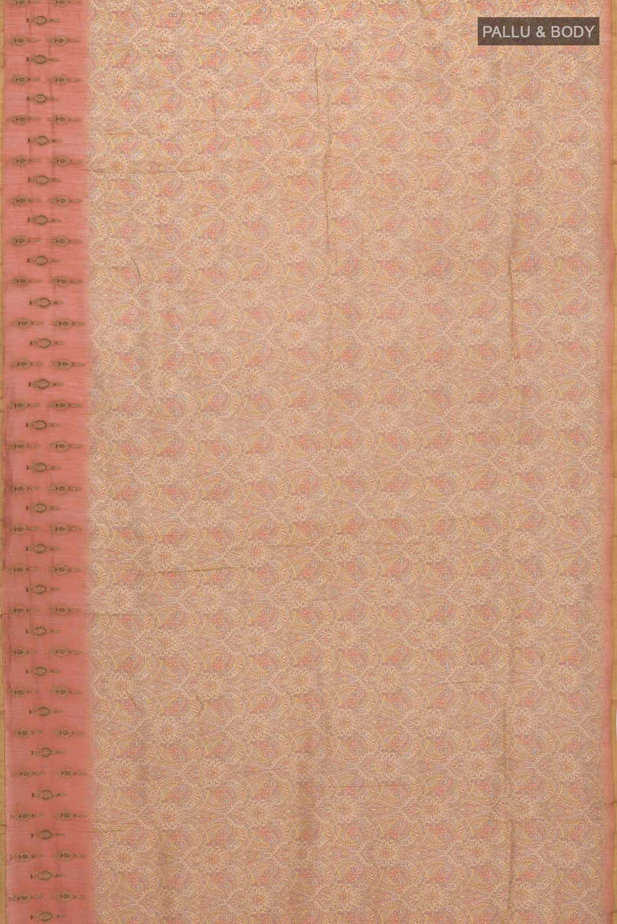 Flat view of Beige Silk Cotton Saree with Printed design on the body and Embroidery Border