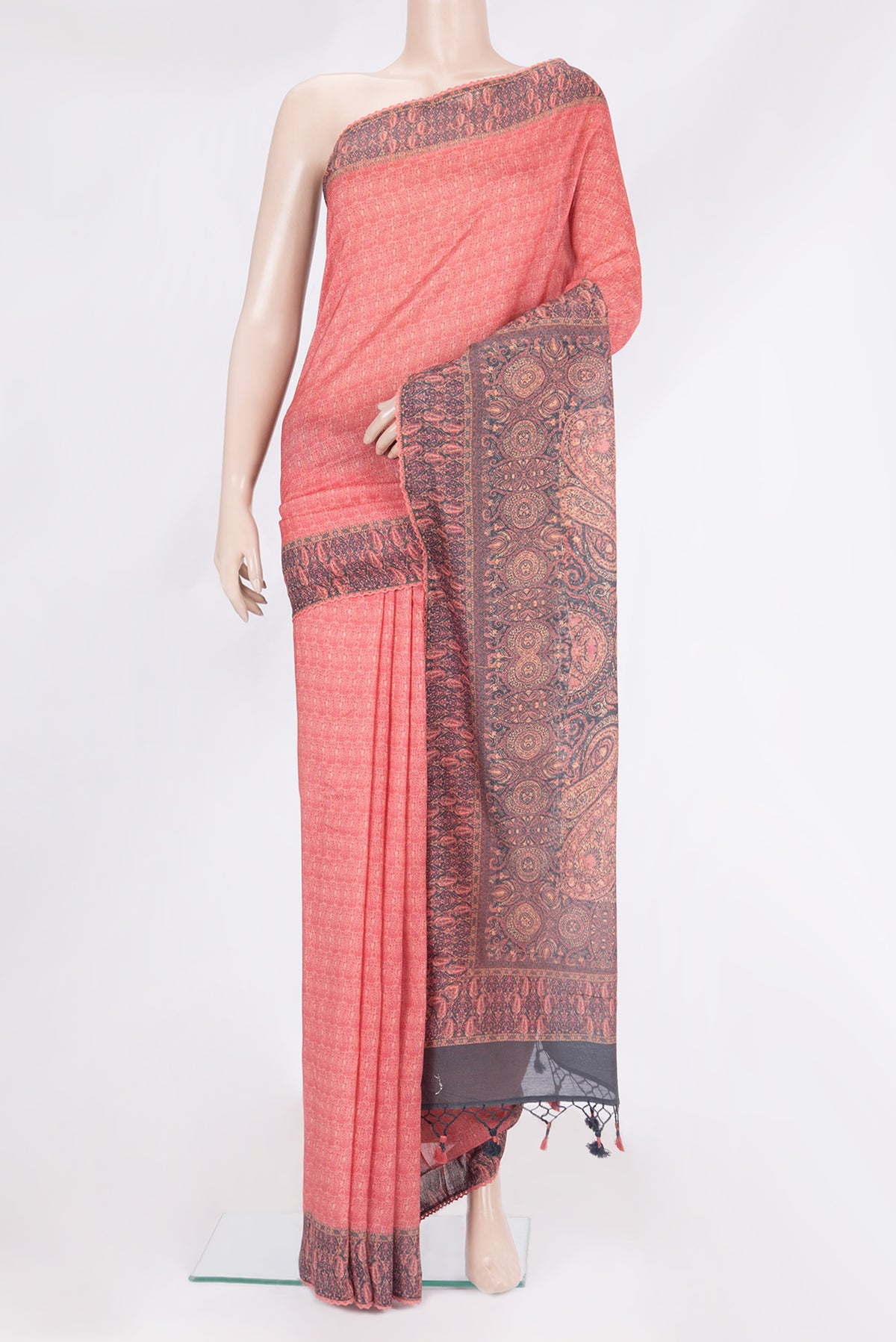 Pure Silk Pink Dual Tone Chanderi Saree with Printed design on the body and Printed Border.  displayed on a mannequin