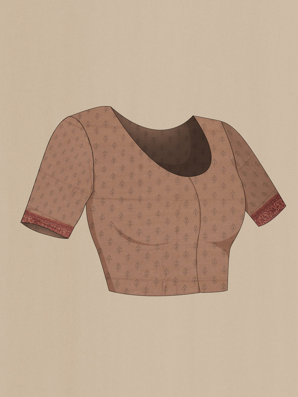 Close up image of the blouse of Pure Silk Brown Dual Tone Chanderi Saree with Printed design on the body and Thread Border. 