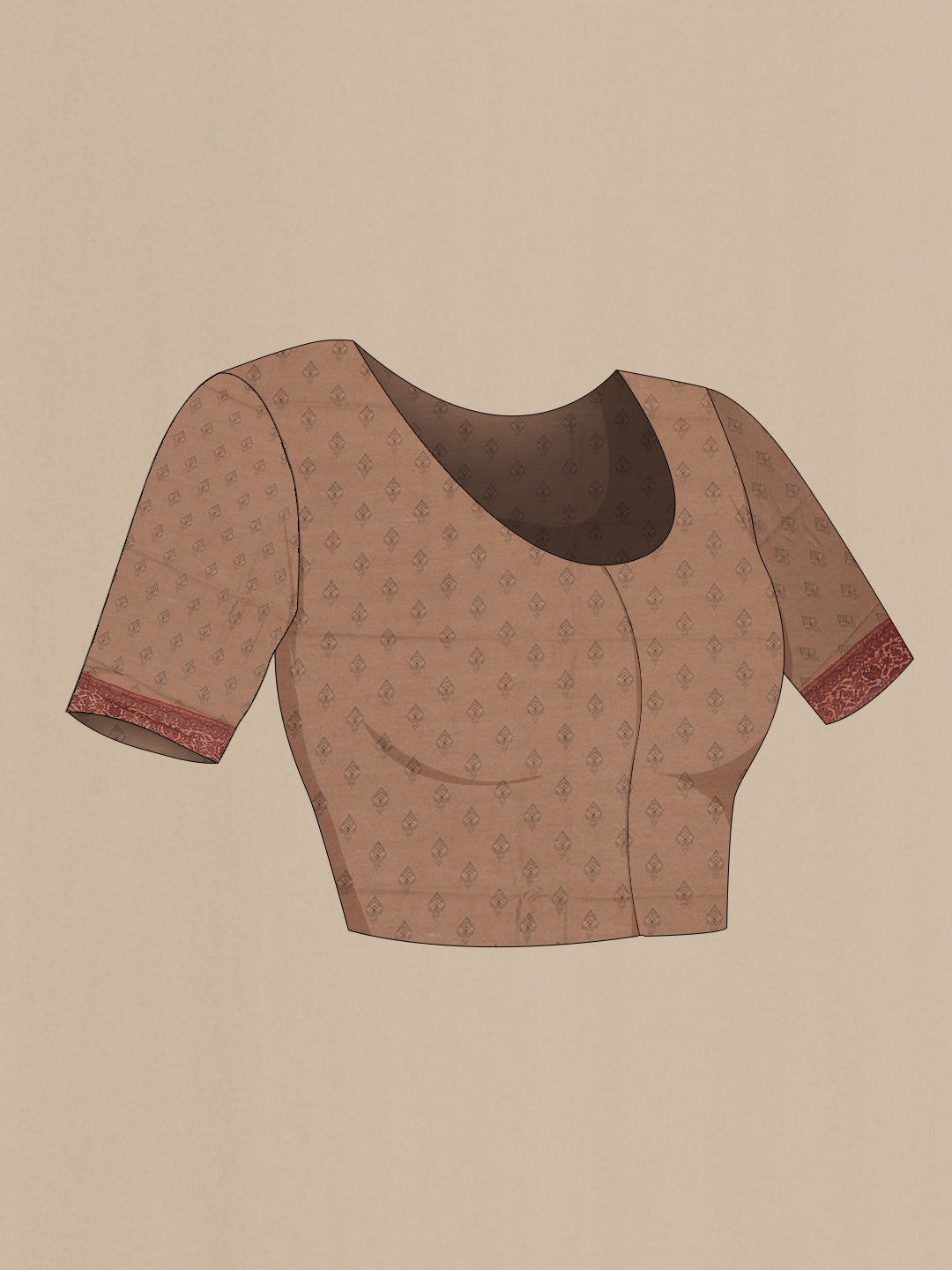 Close up image of the blouse of Pure Silk Brown Dual Tone Chanderi Saree with Printed design on the body and Thread Border. 