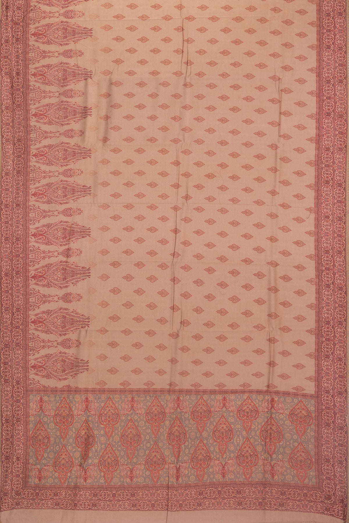Flat view of Pure Silk Brown Dual Tone Chanderi Saree with Printed design on the body and Thread Border. 