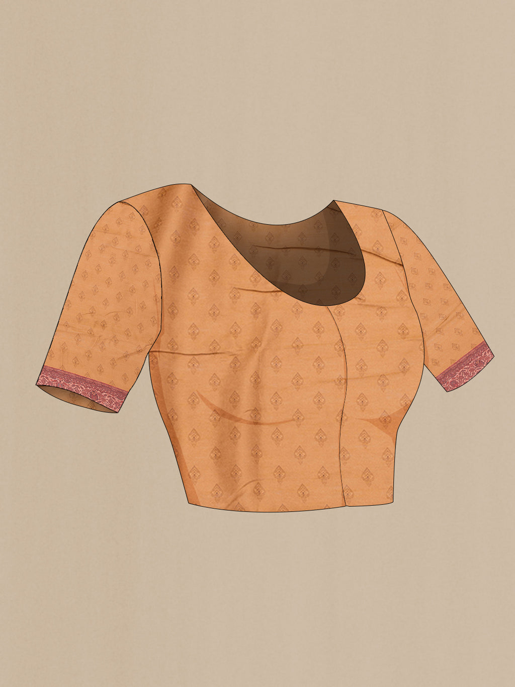 Close up image of the blouse of Mustard Chanderi Silk Saree with Printed design on the body and Fancy Border. 