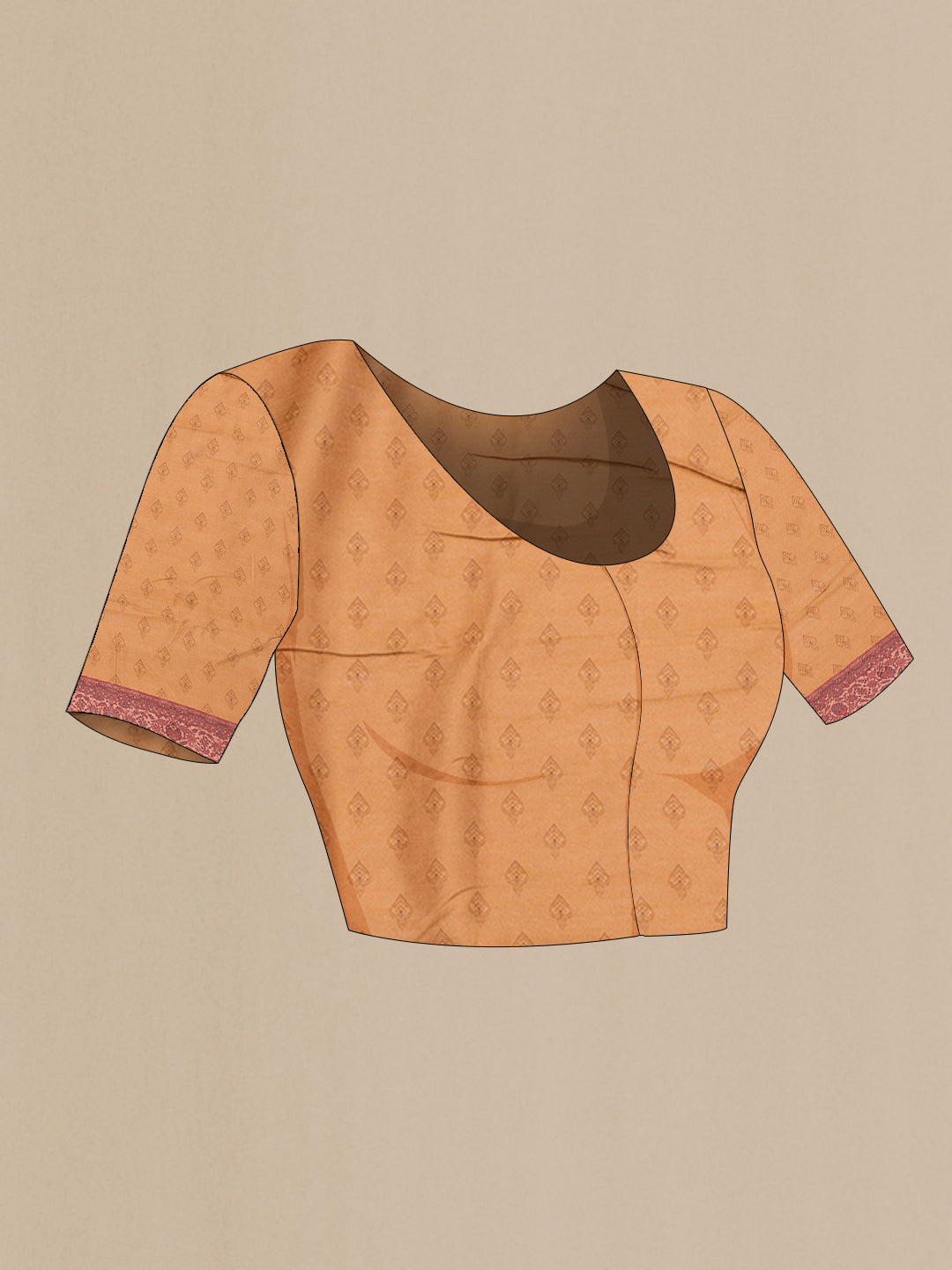 Close up image of the blouse of Mustard Chanderi Silk Saree with Printed design on the body and Fancy Border. 