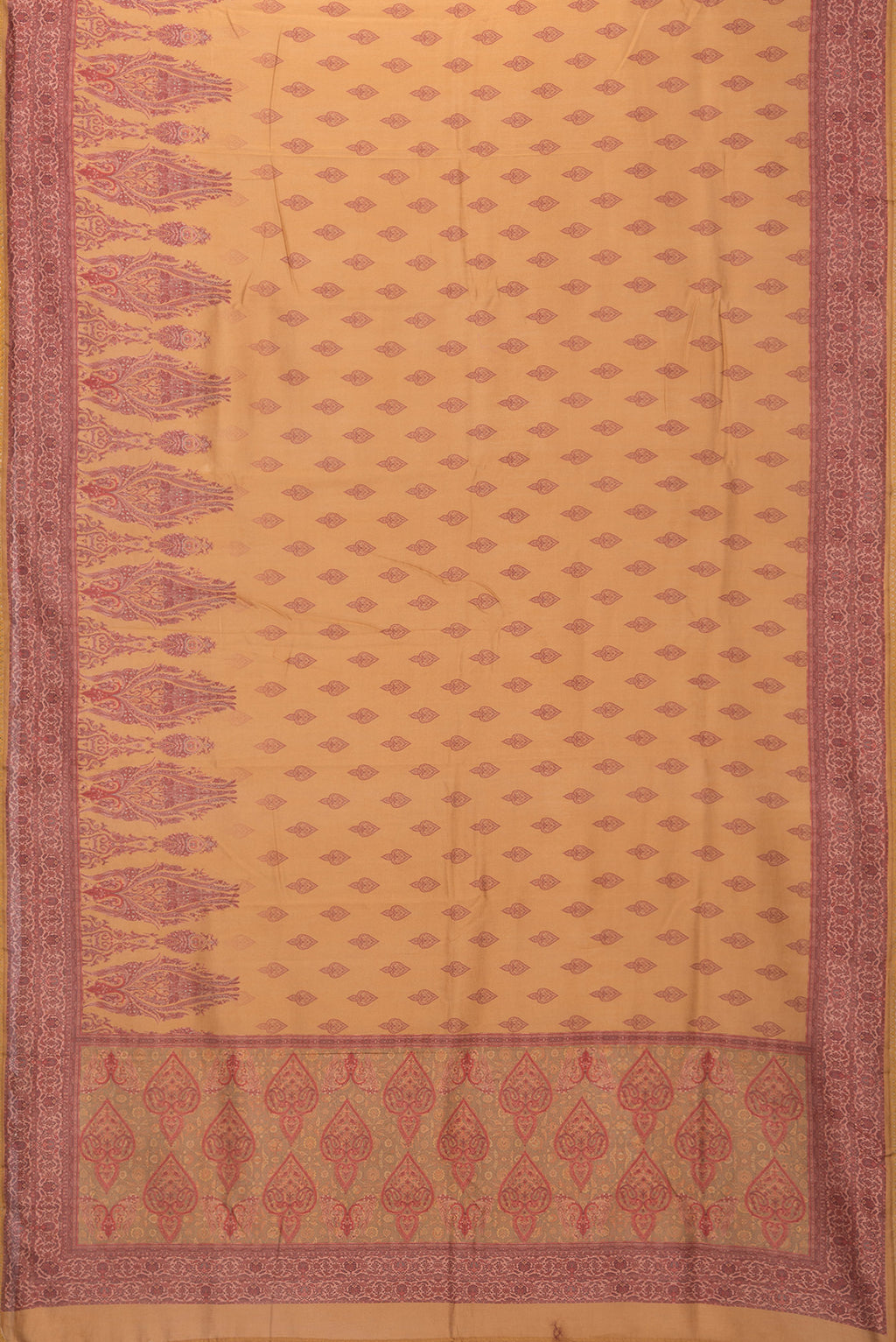 Mustard Chanderi Silk Saree with Printed design on the body and Fancy Border.  displayed on a mannequin