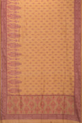 Mustard Chanderi Silk Saree with Printed design on the body and Fancy Border.  displayed on a mannequin