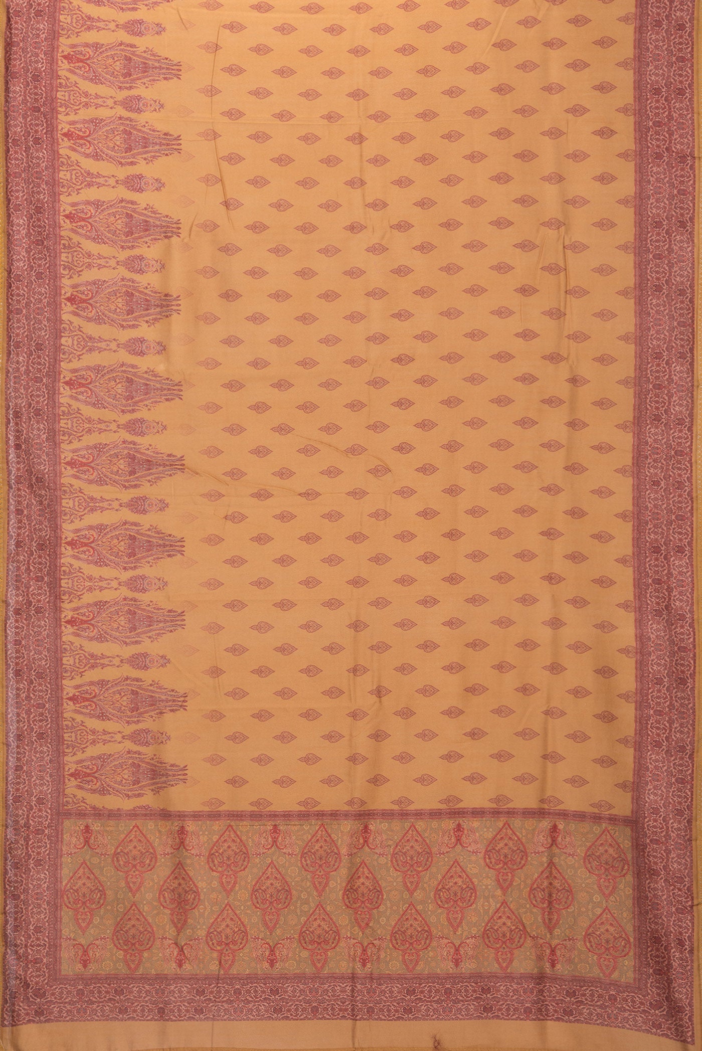 Mustard Chanderi Silk Saree with Printed design on the body and Fancy Border.  displayed on a mannequin