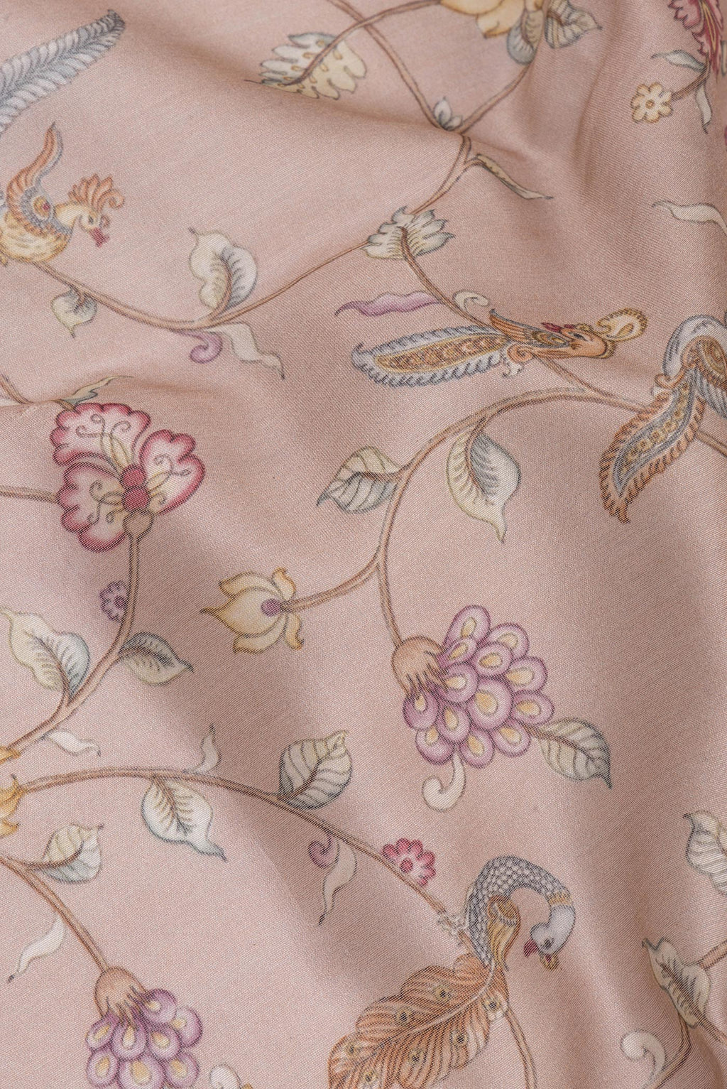 Close up of Pure Silk Brown Dual Tone Chanderi Saree with Printed design on the body and Zari Border.  displaying folds