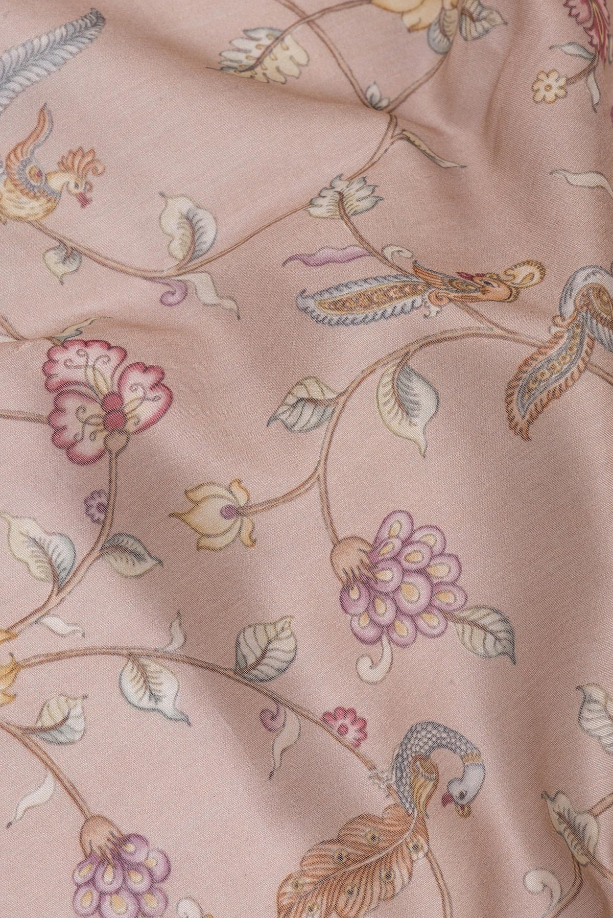 Close up of Pure Silk Brown Dual Tone Chanderi Saree with Printed design on the body and Zari Border.  displaying folds