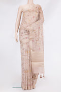Pure Silk Brown Dual Tone Chanderi Saree with Printed design on the body and Zari Border.  displayed on a mannequin