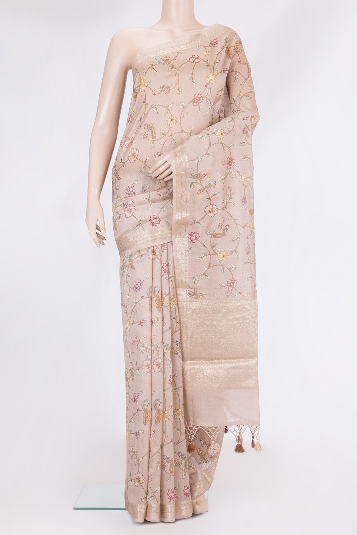Pure Silk Brown Dual Tone Chanderi Saree with Printed design on the body and Zari Border.  displayed on a mannequin