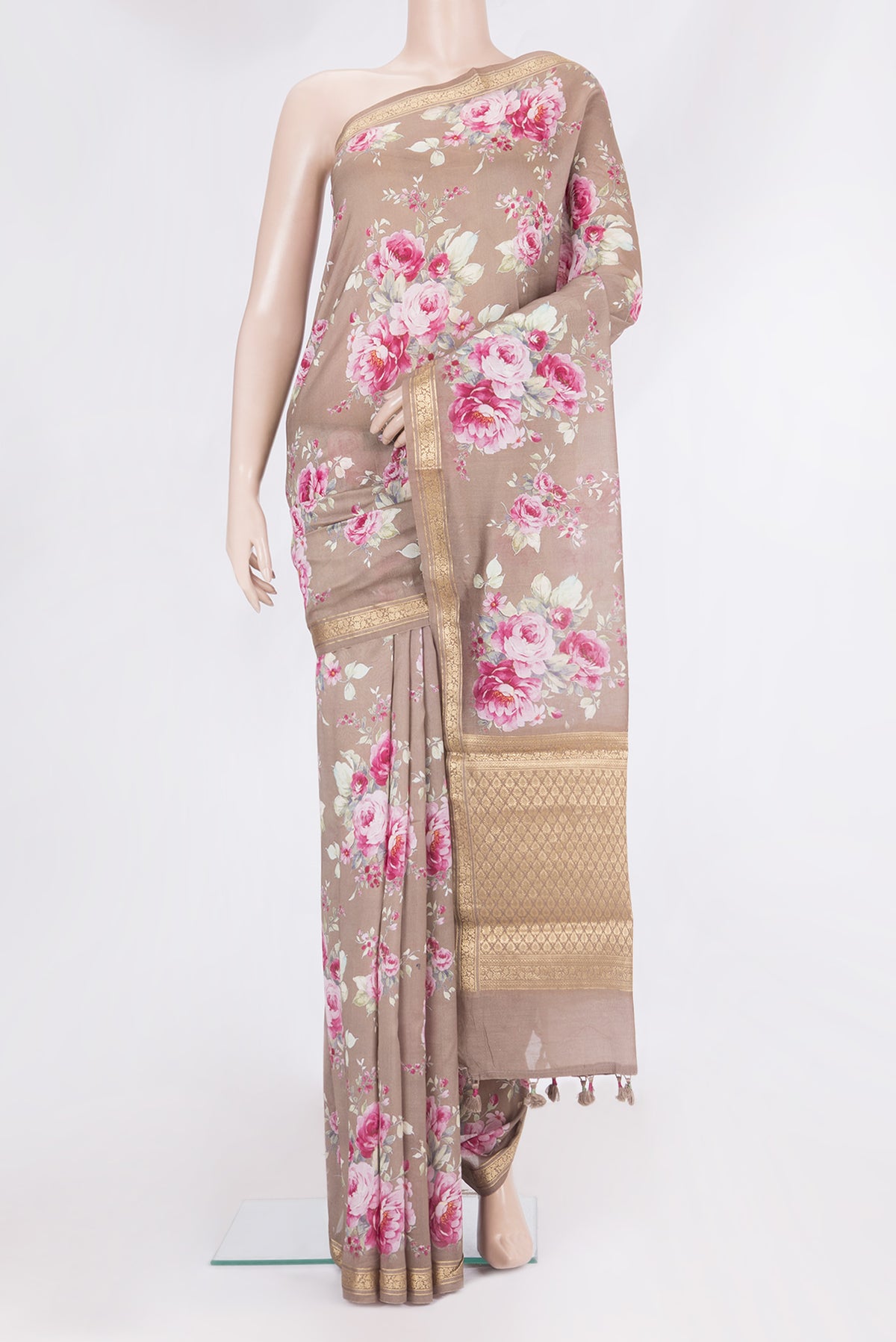 Pure Silk Brown Dual Tone Chanderi Saree with Printed design on the body and Zari Border.  displayed on a mannequin