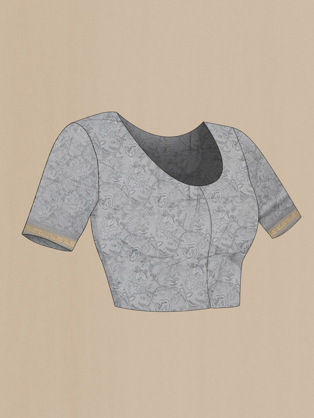 Close up image of the blouse of Pure Silk Grey Dual Tone Chanderi Saree with Printed design on the body and Zari Border. 