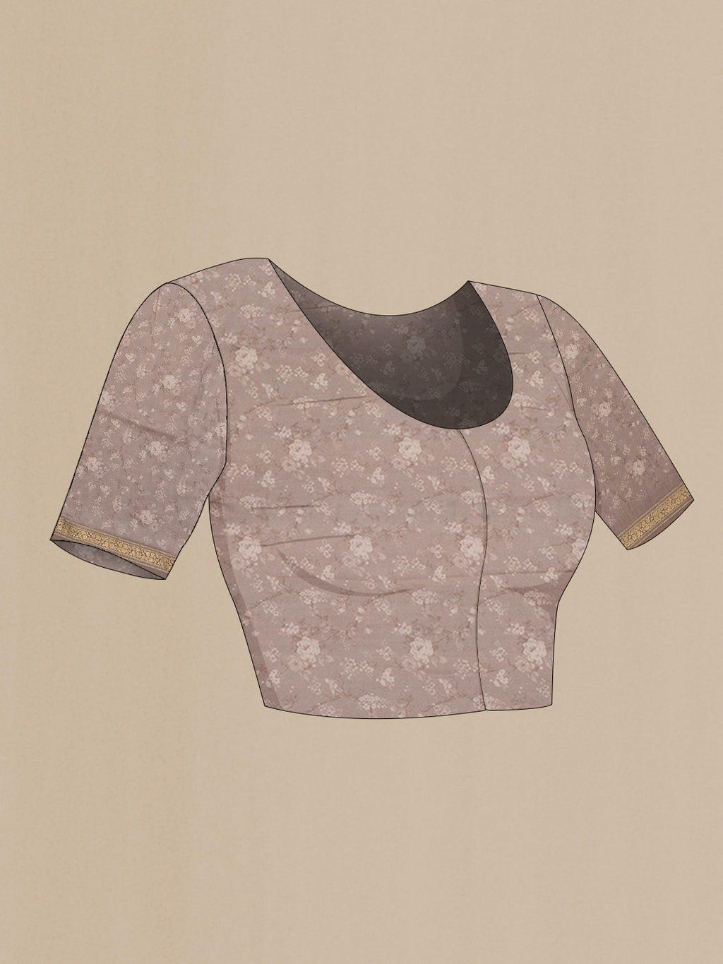 Close up image of the blouse of Pure Silk Brown Dual Tone Chanderi Saree with Printed design on the body and Zari Border. 