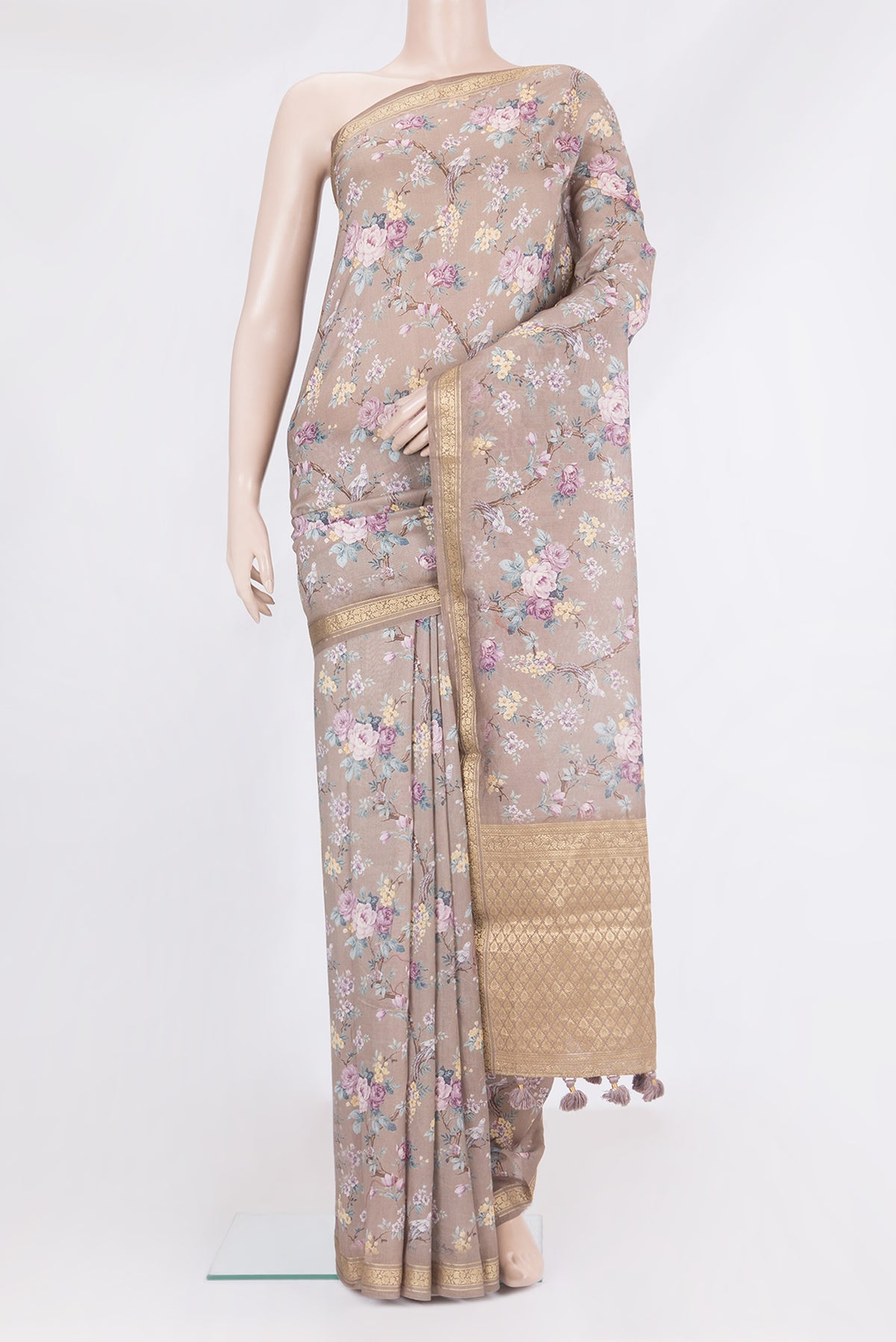 Pure Silk Brown Dual Tone Chanderi Saree with Printed design on the body and Zari Border.  displayed on a mannequin