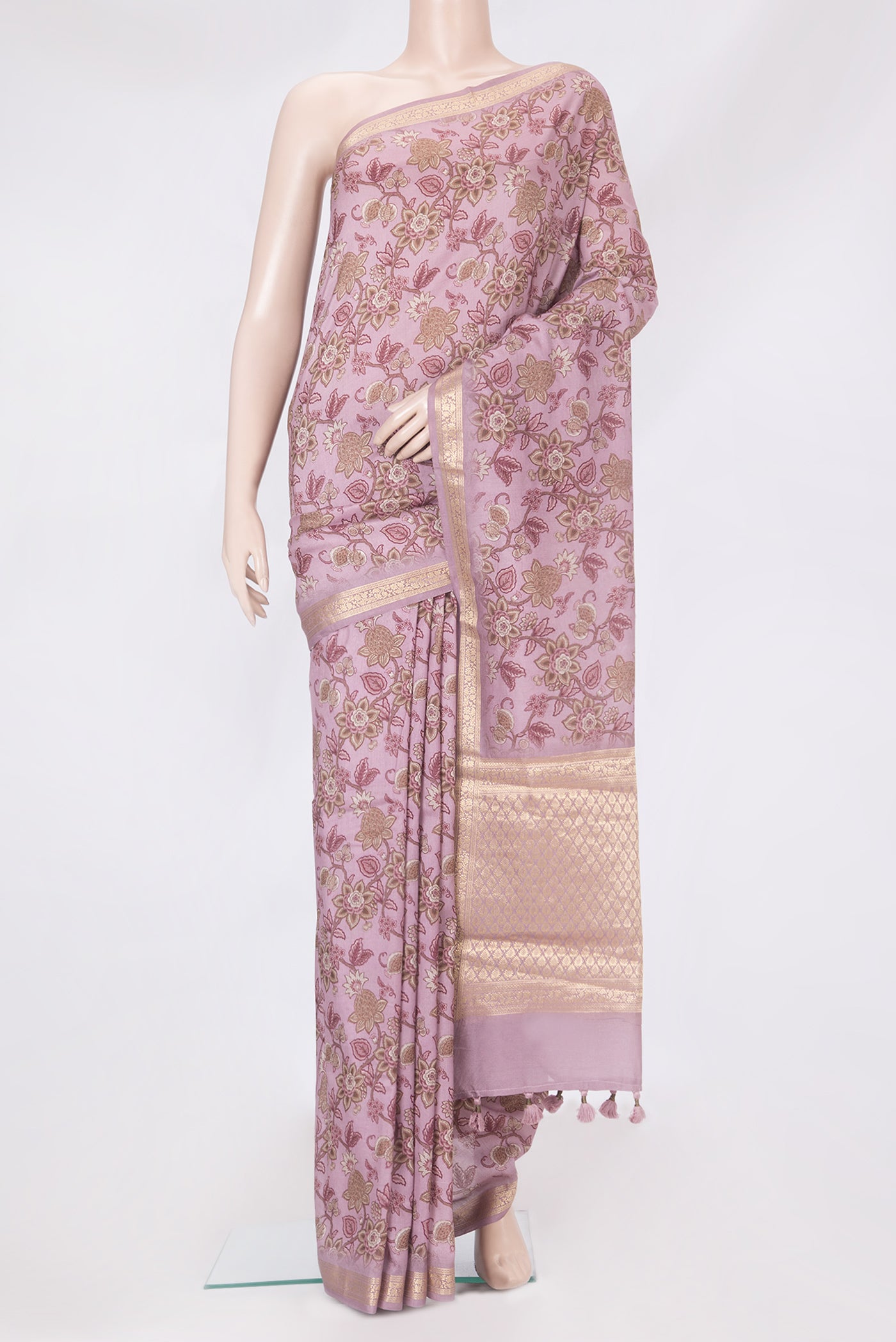 Pink Dual Tone Chanderi Silk Cotton Saree with Printed design on the body and Zari Border.  displayed on a mannequin