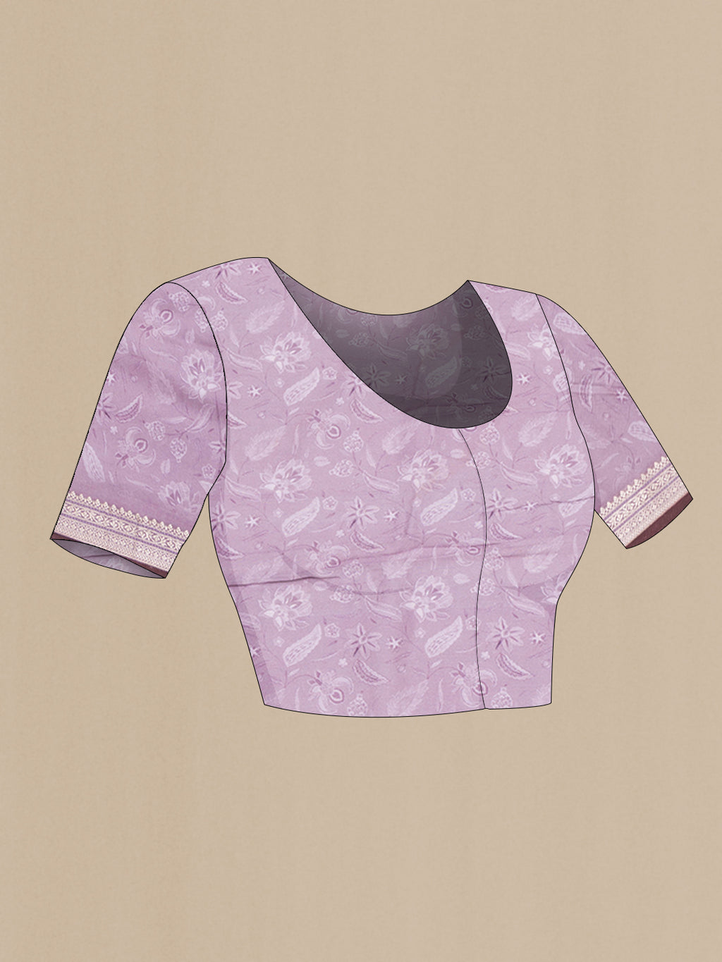 Close up image of the blouse of Lavender Chanderi Silk Cotton Saree with Printed design on the body and Zari Border. 