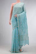 Sky Blue Dual Tone Chanderi Silk Saree with Zari Butta on the body and Zari Border.  displayed on a mannequin