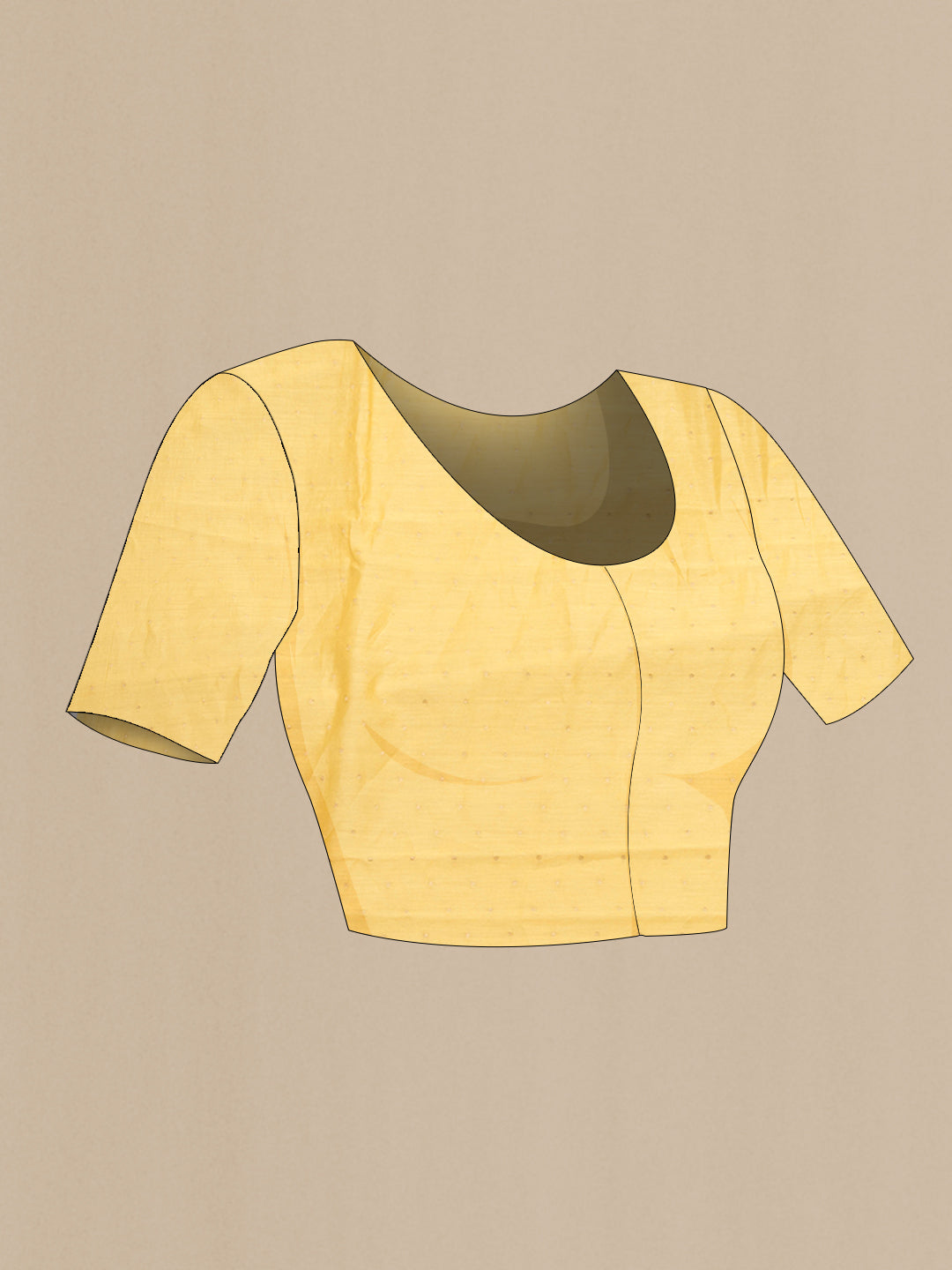 Close up image of the blouse of Yellow Dual Tone Chanderi Silk Saree with Embroidery on the body and Embroidery Border. 