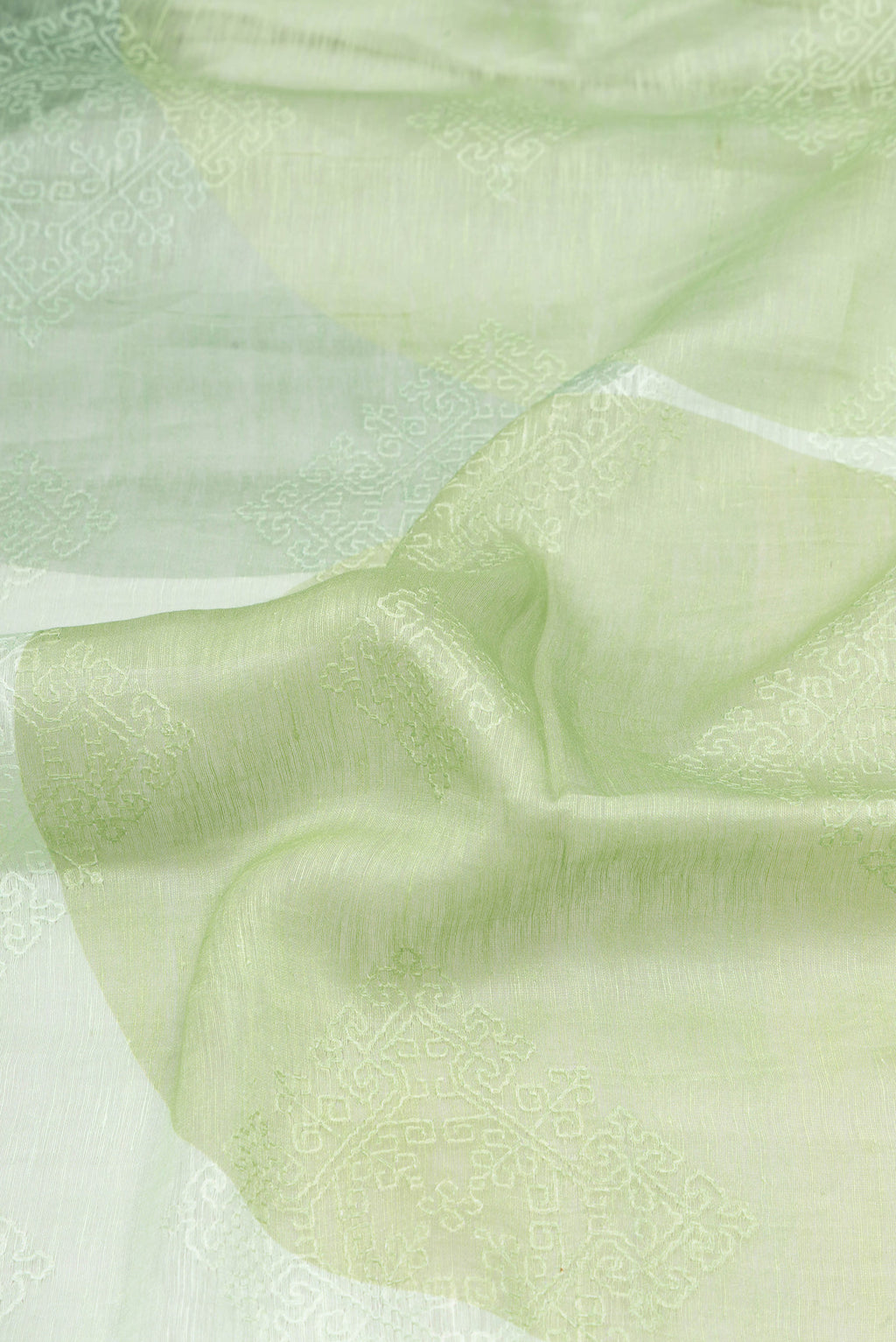 Close up of Pista Green Linen Saree with Embroidery on the body and Zari Border.  displaying folds