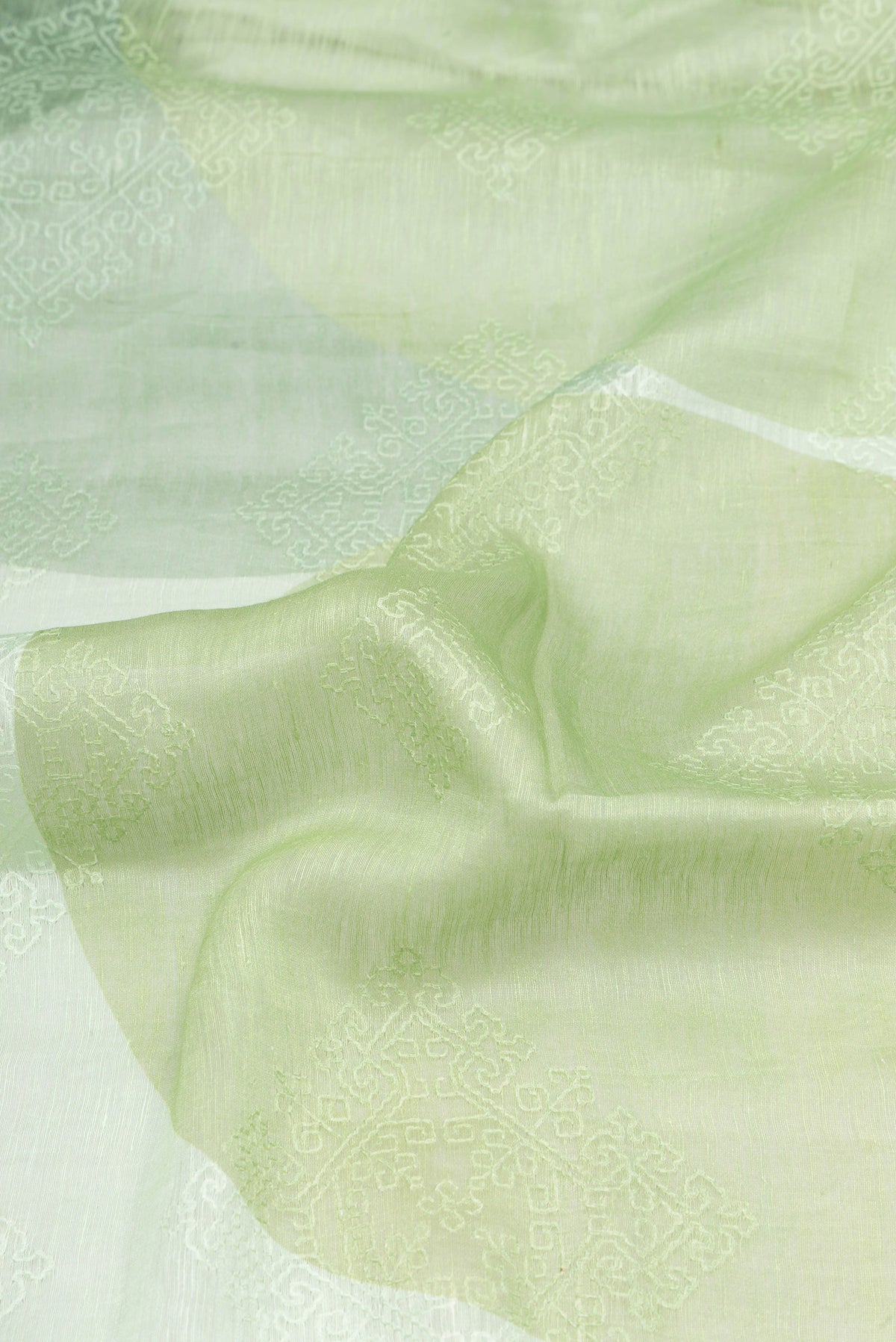 Close up of Pista Green Linen Saree with Embroidery on the body and Zari Border.  displaying folds