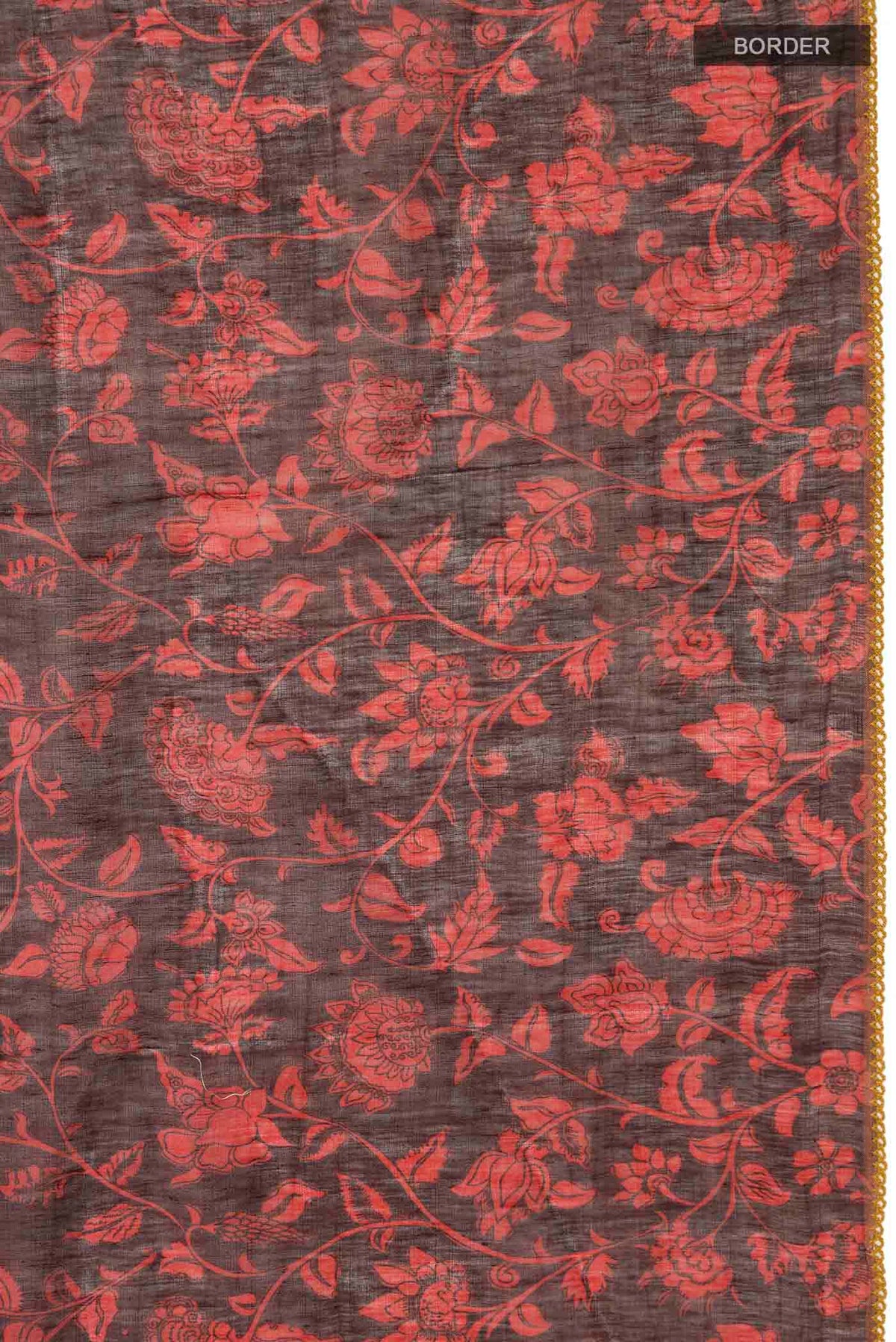 Border image of Red Linen Cotton Saree with Printed design on the body and Zari Border