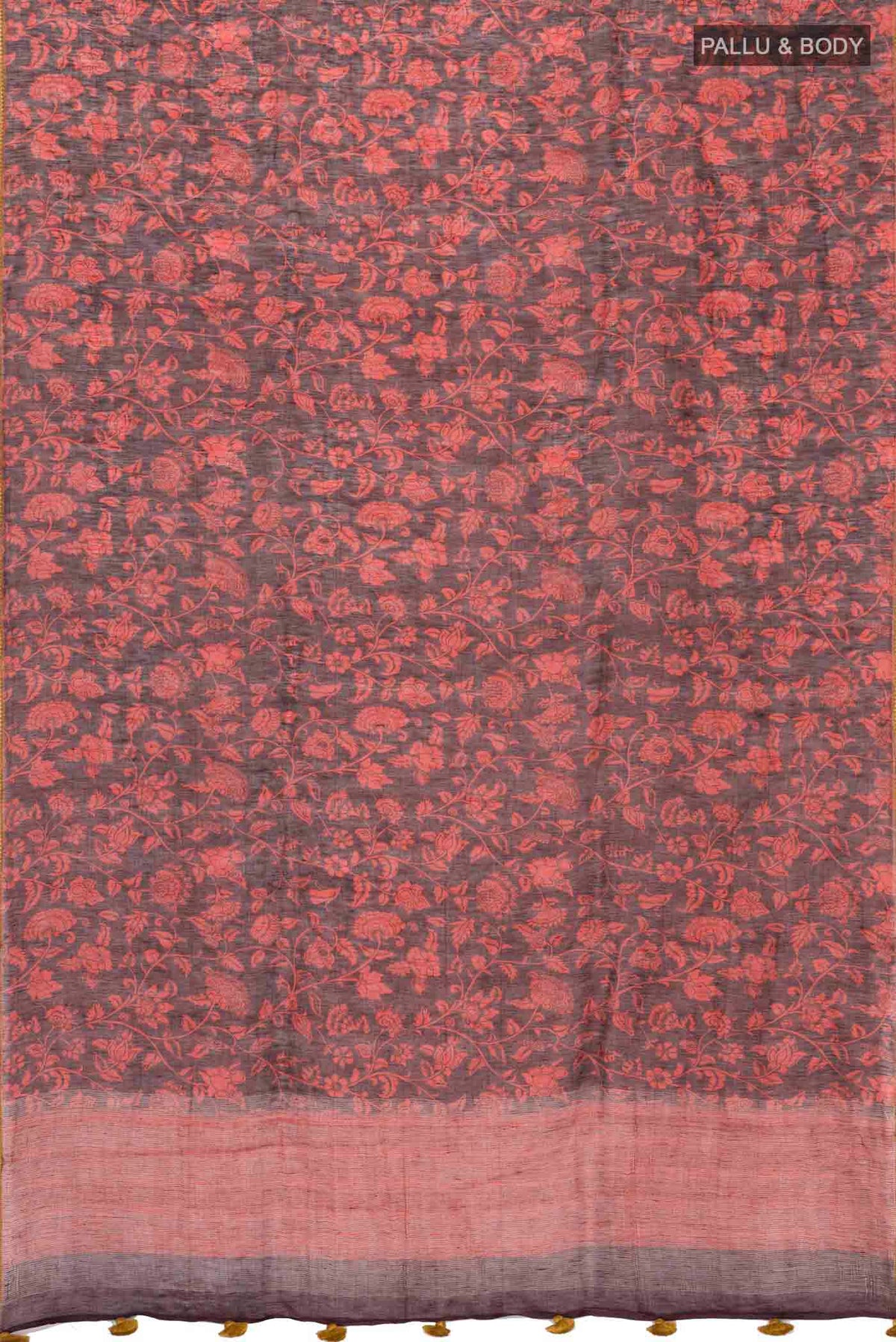 Flat view of Red Linen Cotton Saree with Printed design on the body and Zari Border