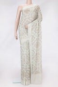 Grey Dual Tone Chanderi Silk Saree with Thread Butta on the body and Zari And Thread Border.  displayed on a mannequin
