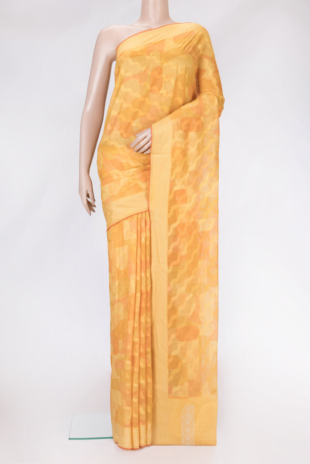 Orange Dual Tone Chanderi Silk Saree with Thread Butta on the body and Zari And Thread Border.  displayed on a mannequin