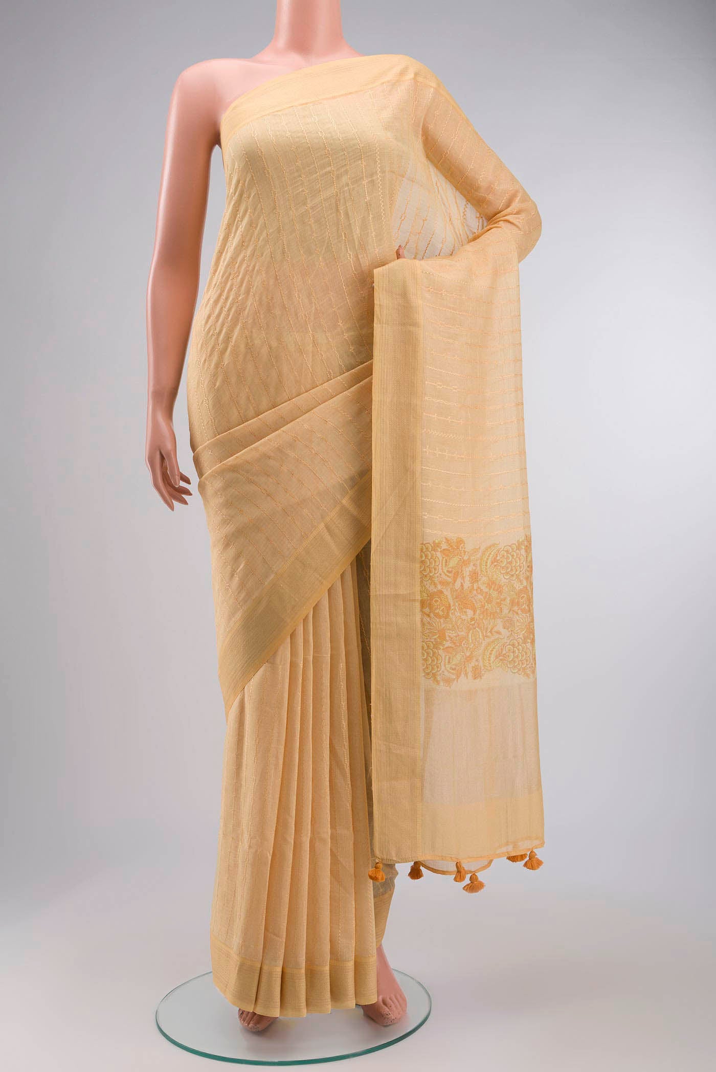 Yellow Linen Cotton Saree with Stripes on the body and Thread Border displayed on a mannequin