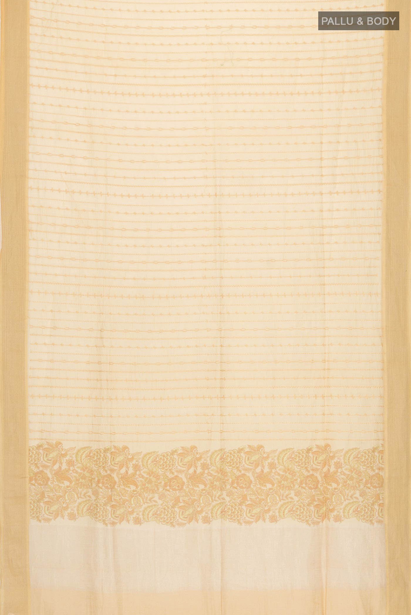 Flat view of Yellow Linen Cotton Saree with Stripes on the body and Thread Border