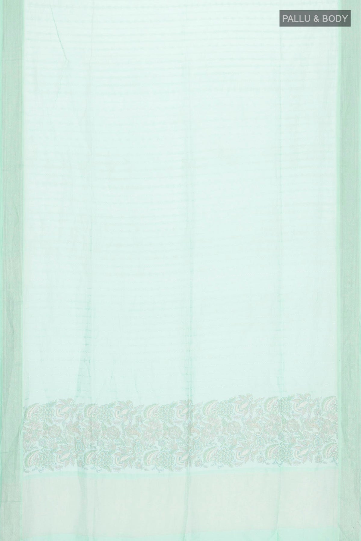 Flat view of Green Silk Cotton Saree with Printed design on the body and Zari Border