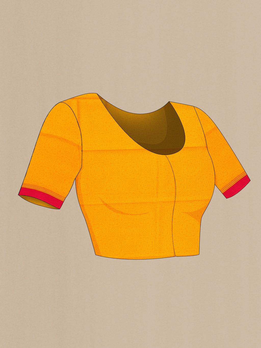 Close up image of the blouse of Mustard Printed Silk Saree with Printed design on the body and Printed Border. 