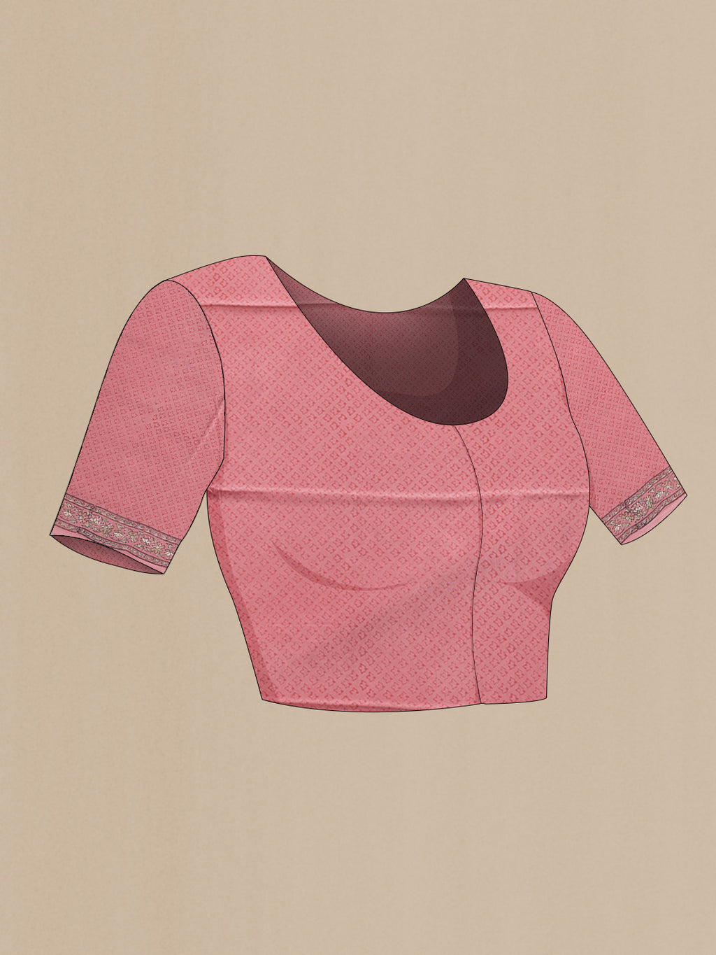 Close up image of the blouse of Pink Dual Tone Crepe Saree with Printed design on the body and Zari Border. 
