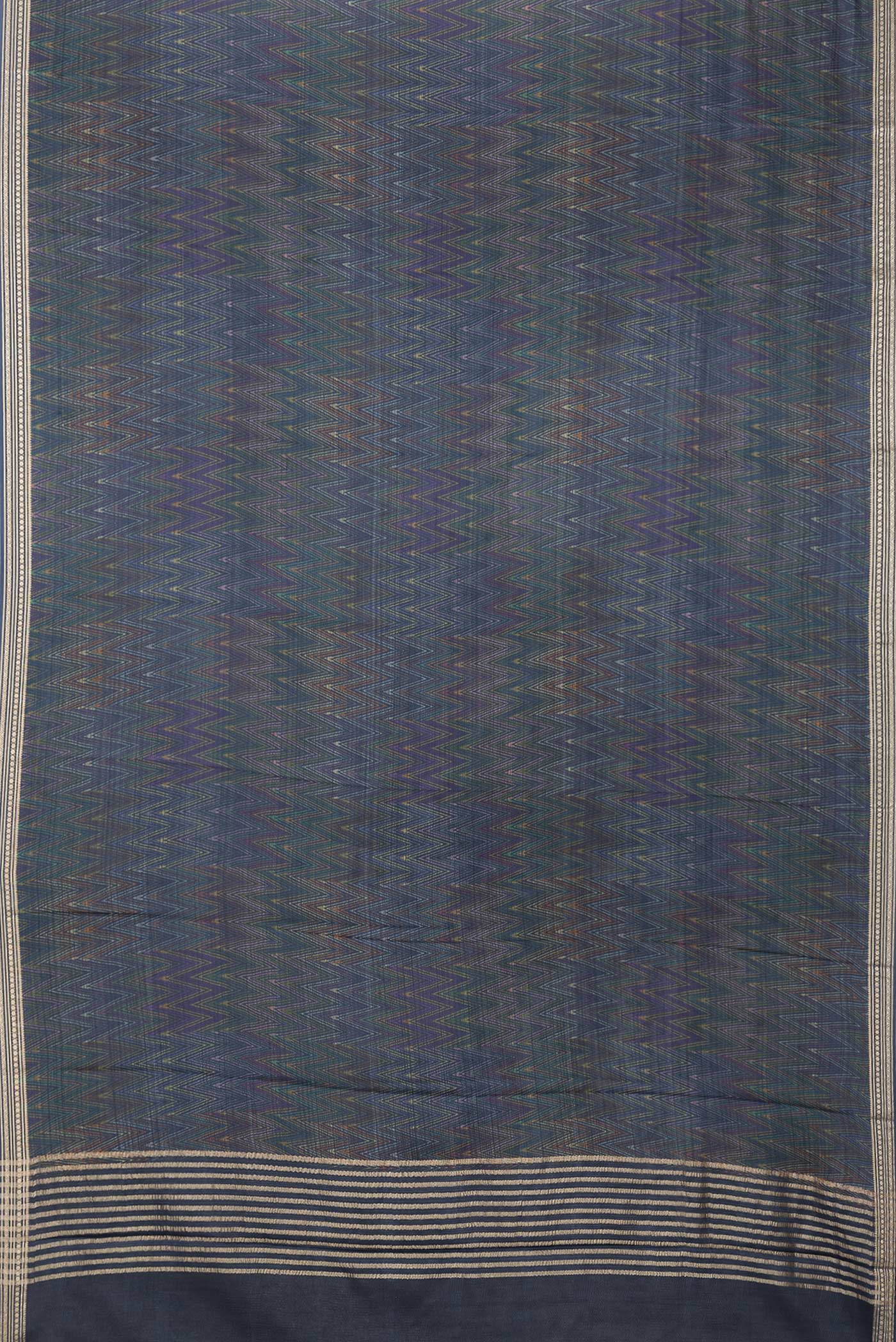 Flat view of Navy Blue Dual Tone Crepe Saree with Printed design on the body and Zari Border. 