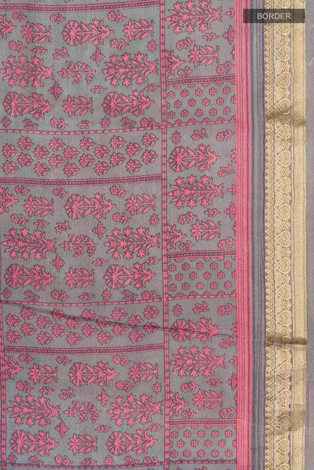 Border image of Grey Mysore Crepe Saree with Printed design on the body and Zari Border