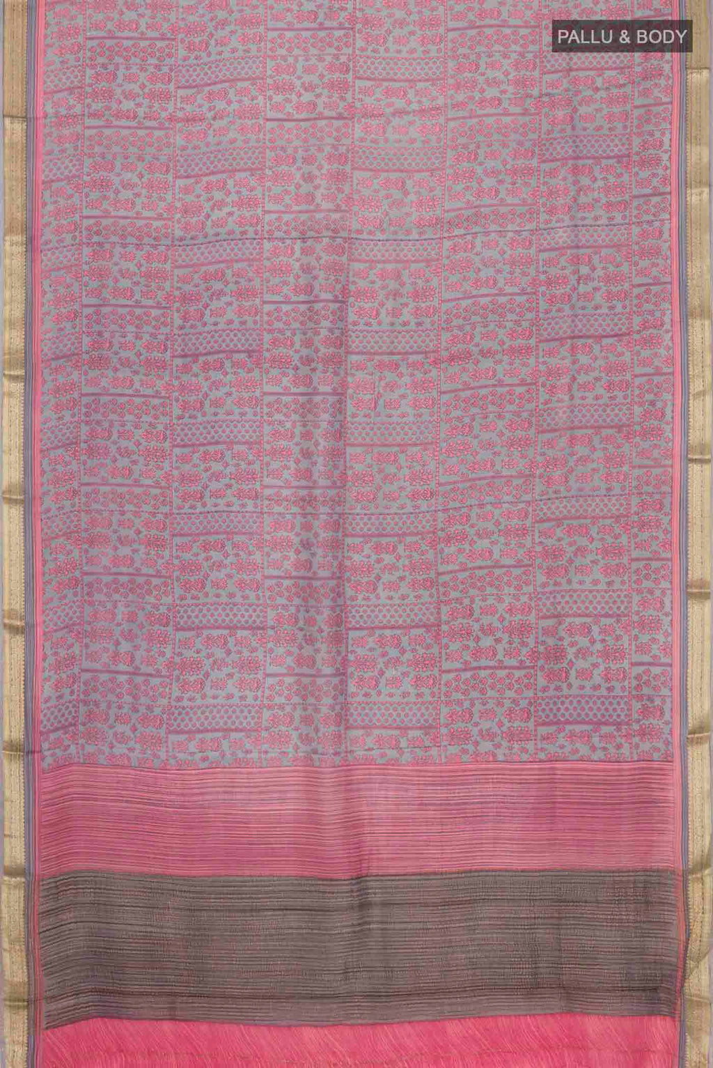 Flat view of Grey Mysore Crepe Saree with Printed design on the body and Zari Border