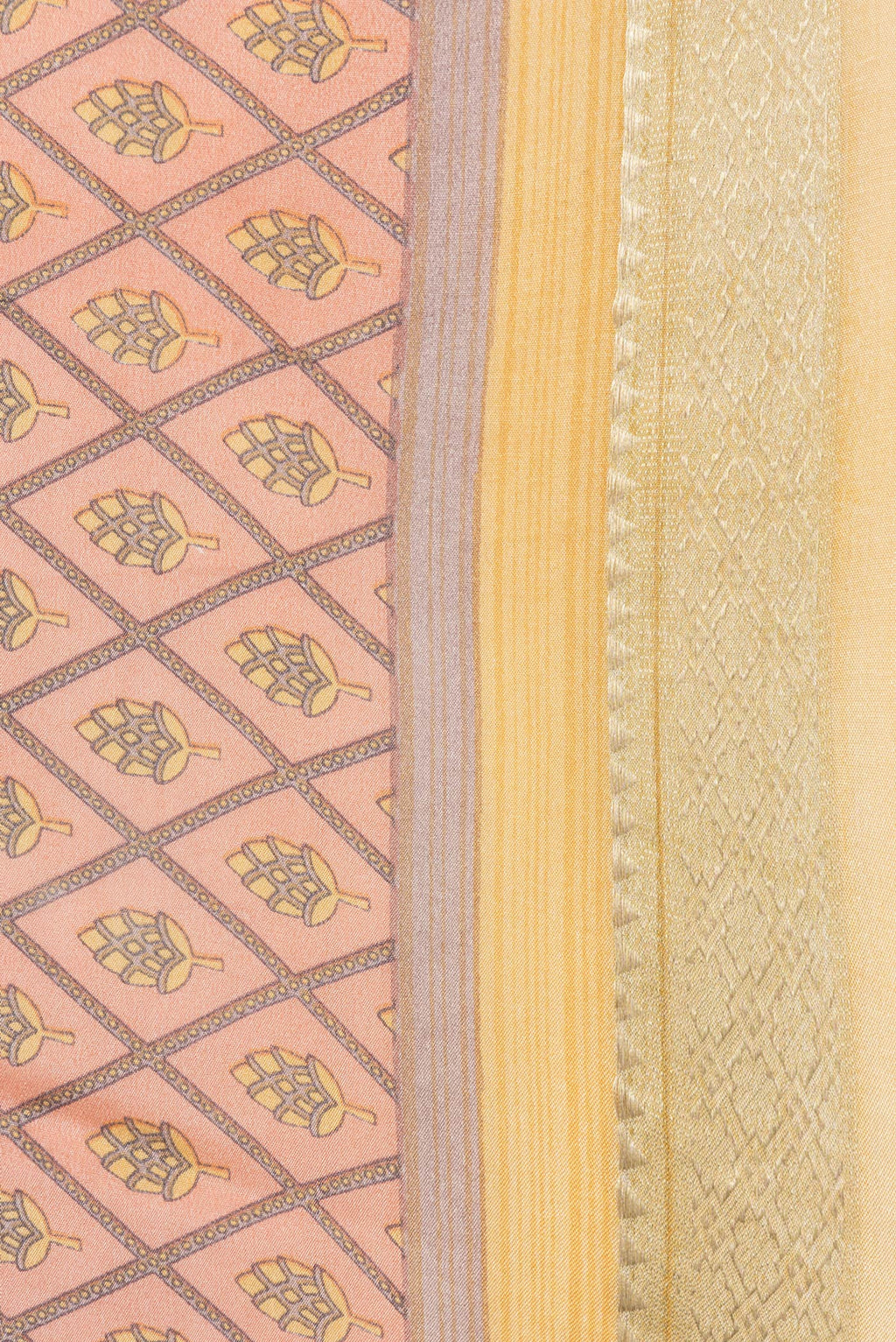 Border image of Peach Dual Tone Crepe Saree with Printed design on the body and Zari Border. 