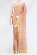 Peach Dual Tone Crepe Saree with Printed design on the body and Zari Border.  displayed on a mannequin