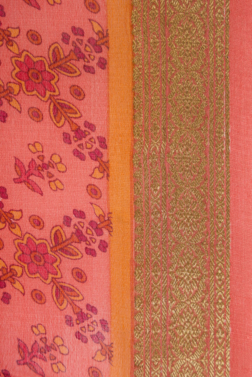 Border image of Golden Peach Dual Tone Mysore Crepe Saree with Printed design on the body and Zari Border. 