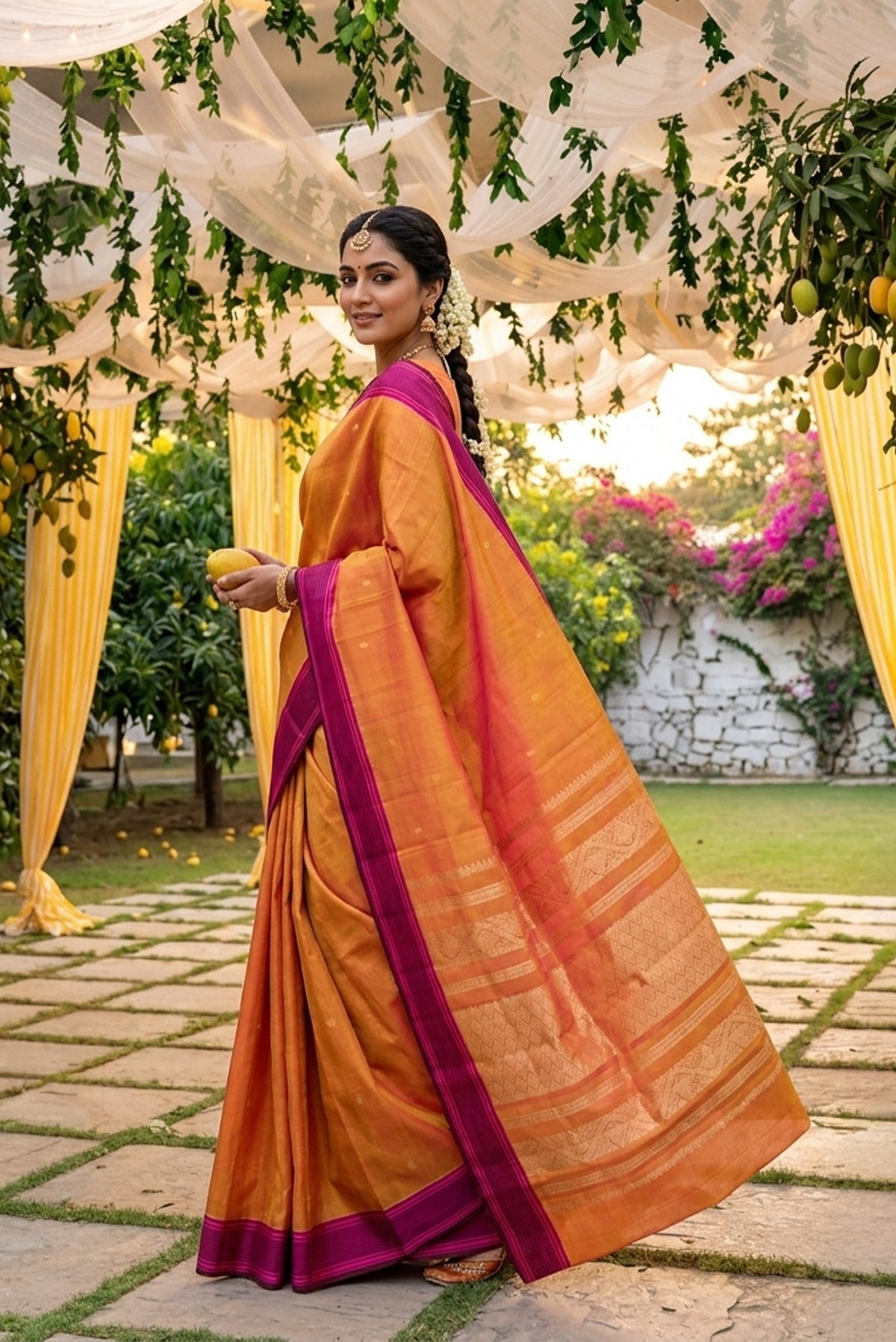 Model wearing a Mustard Kanchipuram Silk Saree with Zari Butta on the body and Plain Border.