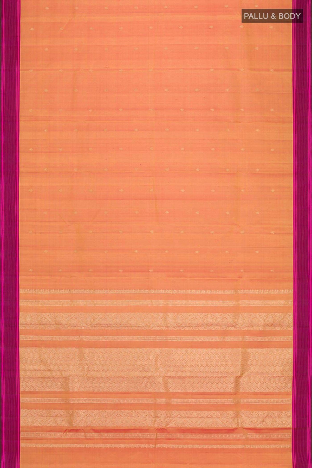 Flat view of Mustard Kanchipuram Silk Saree with Zari Butta on the body and Plain Border